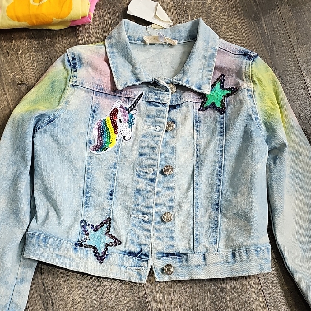 Colorful Kids Denim Jacket with Unicorn and Star Patches